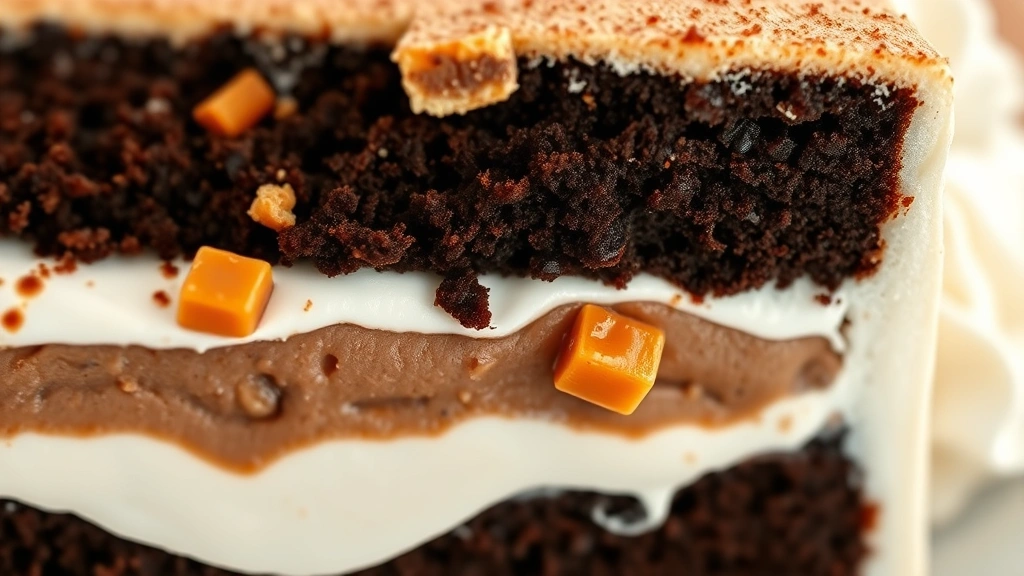 detail: Close-up of finished cake slice showing distinct layers of chocolate cake, pudding, whipped cream, and golden toffee bits, photorealistic, natural light, no text