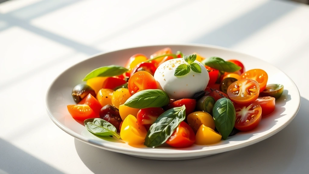 hero: colorful heirloom tomato salad on white ceramic platter with fresh basil leaves, burrata cheese, and balsamic vinaigrette, vibrant reds yellows purples oranges, natural sunlight streaming across plate, soft shadows, no text, professional food photography