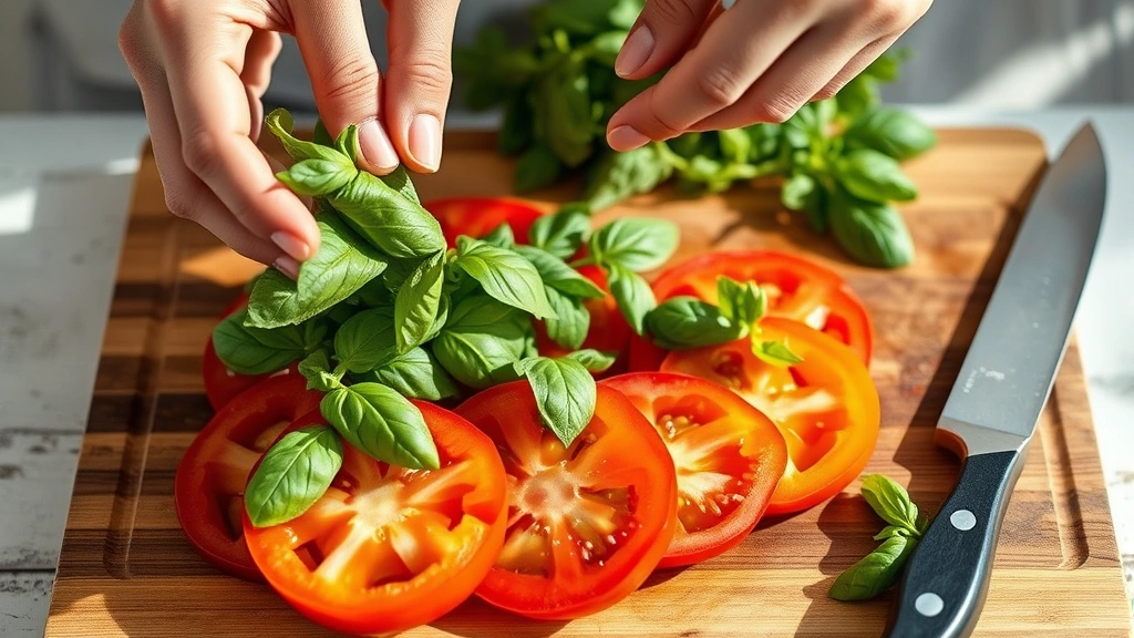 process: hands tearing fresh basil leaves over sliced heirloom tomatoes on wooden cutting board, knife beside tomatoes, morning light, close-up action shot, no text