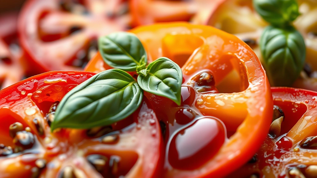 detail: close-up macro of sliced heirloom tomato varieties showing interior colors and seeds, fresh basil leaf, drops of olive oil and balsamic vinegar, shallow depth of field, natural light, no text