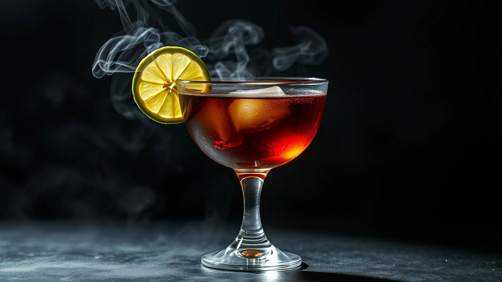 hero: Hell's Soul cocktail in a coupe glass with visible smoke, deep amber and black liquid, lime wheel garnish, moody atmospheric lighting, dramatic shadows, photorealistic, natural light against dark background, no text