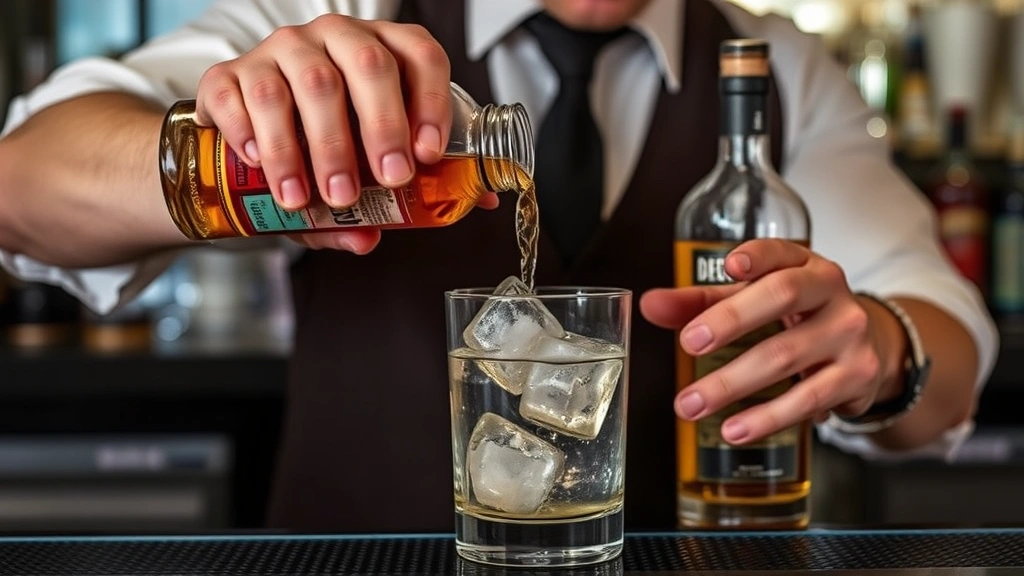 process: bartender pouring rum and mezcal into mixing glass with ice, close-up of pour technique, liquid in motion, ice cubes visible, professional bar setting, photorealistic, natural light, no text