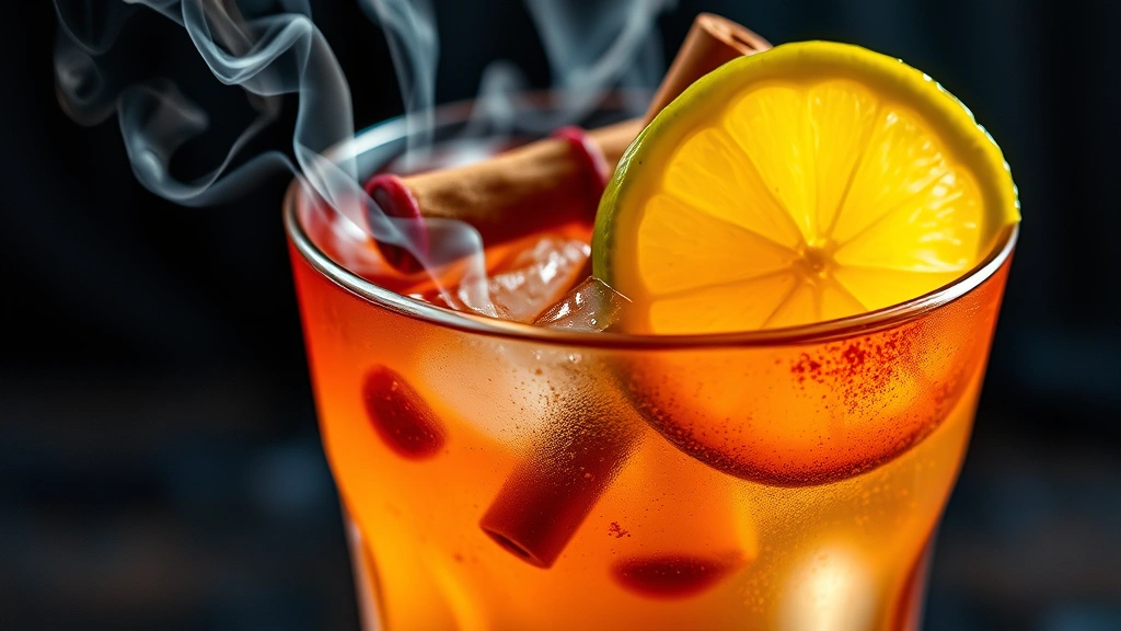 detail: close-up of finished Hell's Soul cocktail showing smoke wisping from glass, allspice berries and cinnamon stick visible in drink, lime wheel detail, candied ginger garnish, depth of field focusing on glass rim, photorealistic, no text