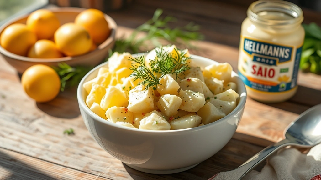 hero: creamy potato salad in a white ceramic bowl with fresh dill garnish, golden potatoes visible, Hellmann's jar nearby, bright natural sunlight, rustic wooden table, photorealistic, no text