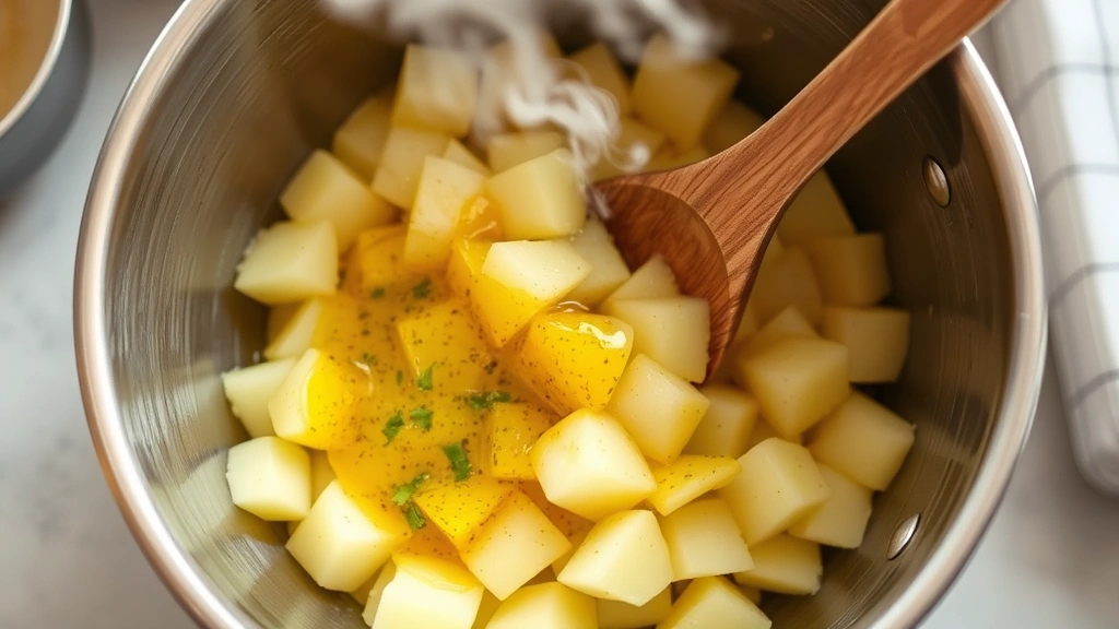 process: warm diced potatoes in mixing bowl being dressed with vinaigrette, steam rising, wooden spoon mixing gently, kitchen setting, photorealistic, natural light, no text