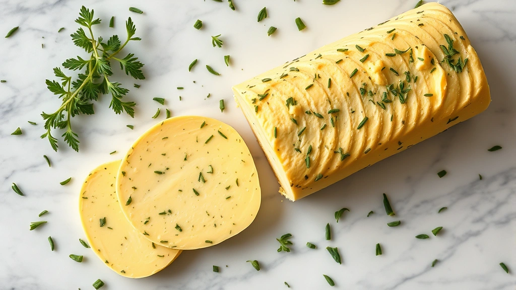 hero: sliced herb butter log on marble surface with fresh herbs scattered around, golden yellow butter with visible green herb flecks, natural window light, top-down shot