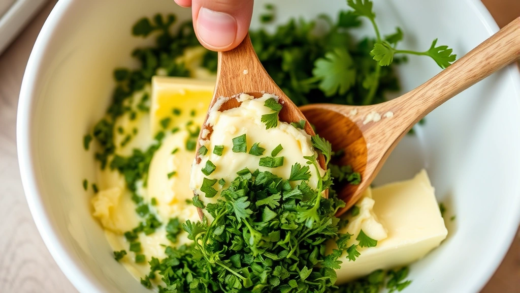 process: hands mixing fresh green herbs into creamy yellow softened butter in a white bowl with wooden spoon, bright natural lighting, close-up angle