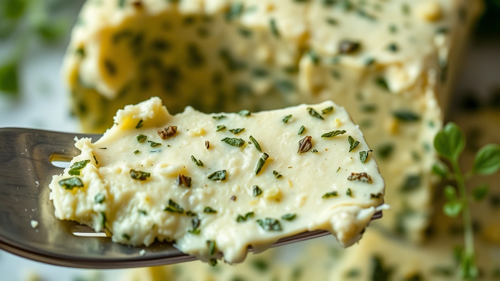 detail: close-up macro shot of herb butter showing texture and herb distribution, slice of butter on fork, melting slightly, natural diffused light highlighting the green herbs