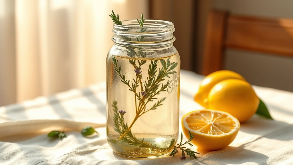 hero: crystal-clear herbal cordial in a vintage glass jar with fresh herb sprigs floating inside, natural golden sunlight streaming through the cordial, sitting on a white linen tablecloth with fresh lemons nearby, photorealistic, no text