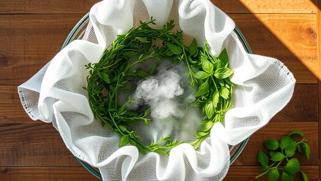 process: overhead shot of fresh herbs being strained through cheesecloth over a glass bowl, steam rising, warm afternoon light, photorealistic, no text