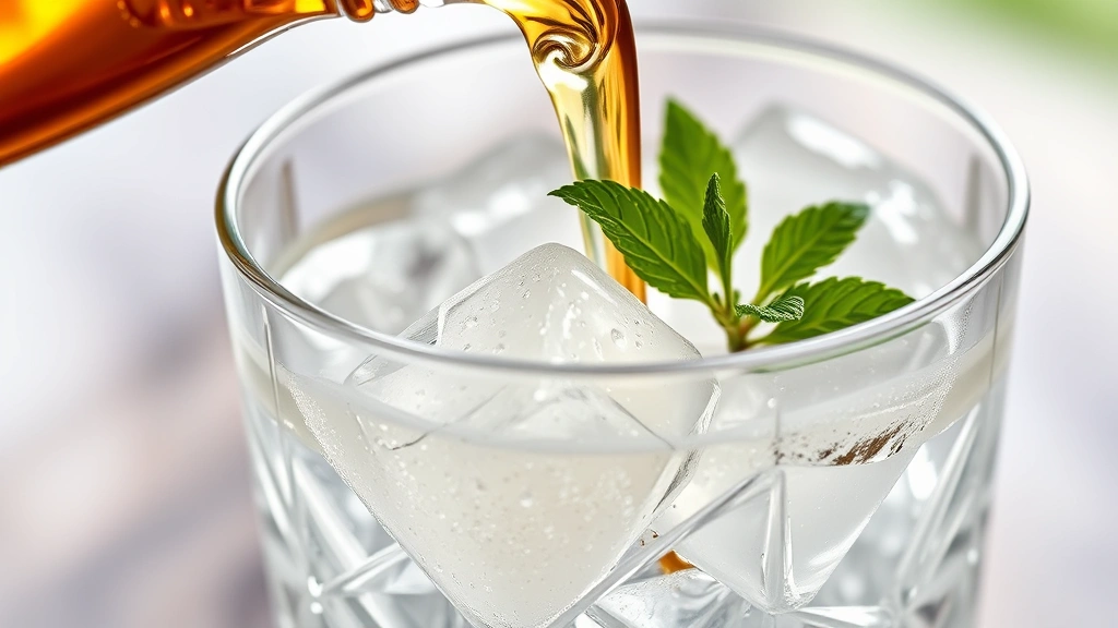 detail: close-up of cordial being poured over ice into a crystal glass with a fresh mint sprig, condensation on the glass, natural light, photorealistic, no text