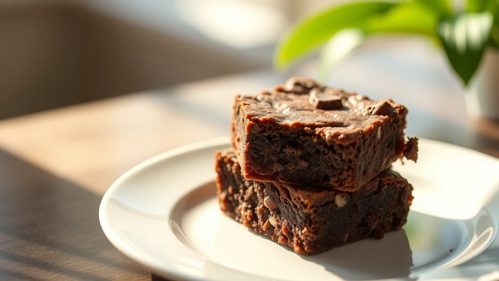 hero: square fudgy Hershey brownies on white plate, photorealistic, natural sunlight from left, shallow depth of field, no text or watermark