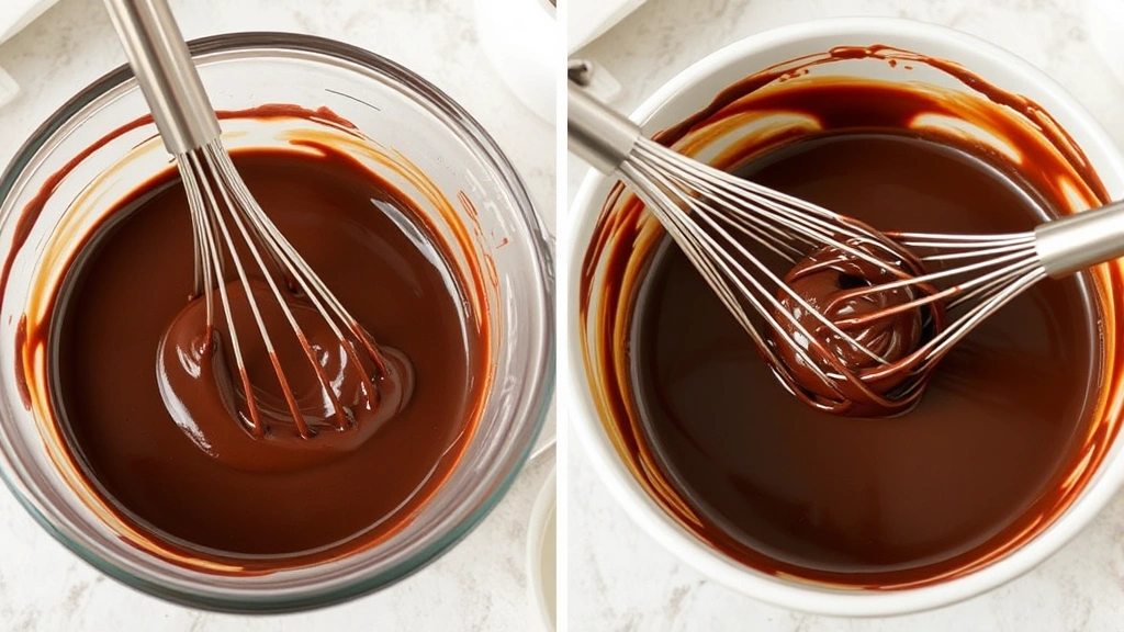 process: melted chocolate mixture being whisked in bowl, photorealistic, natural kitchen lighting, no text or watermark
