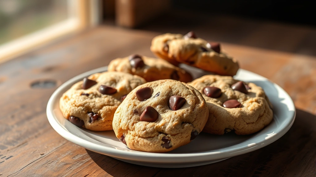 hero: plate of warm Hershey chocolate chip cookies with melting chocolate, golden-brown edges, soft centers, rustic wooden surface background, natural afternoon sunlight, no text or watermarks