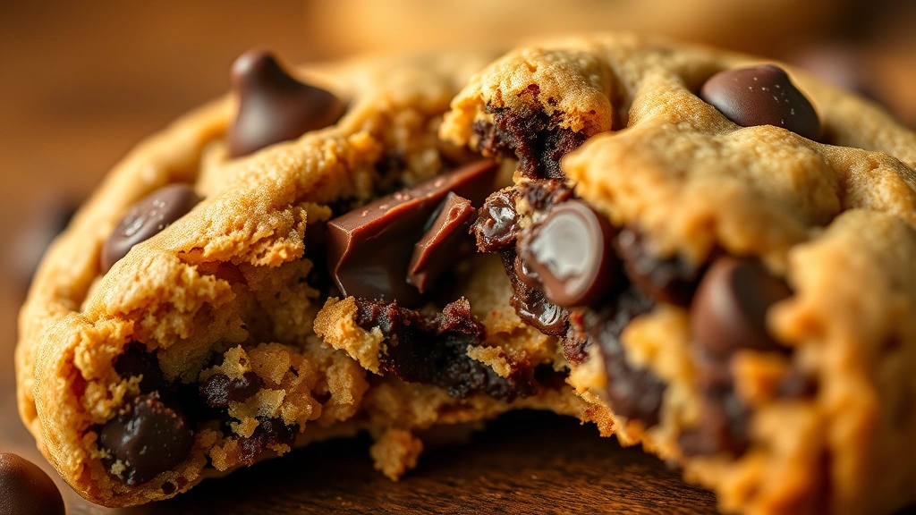 detail: close-up of single warm Hershey chocolate chip cookie broken in half showing melted chocolate and chewy interior, selective focus, warm golden lighting, no text