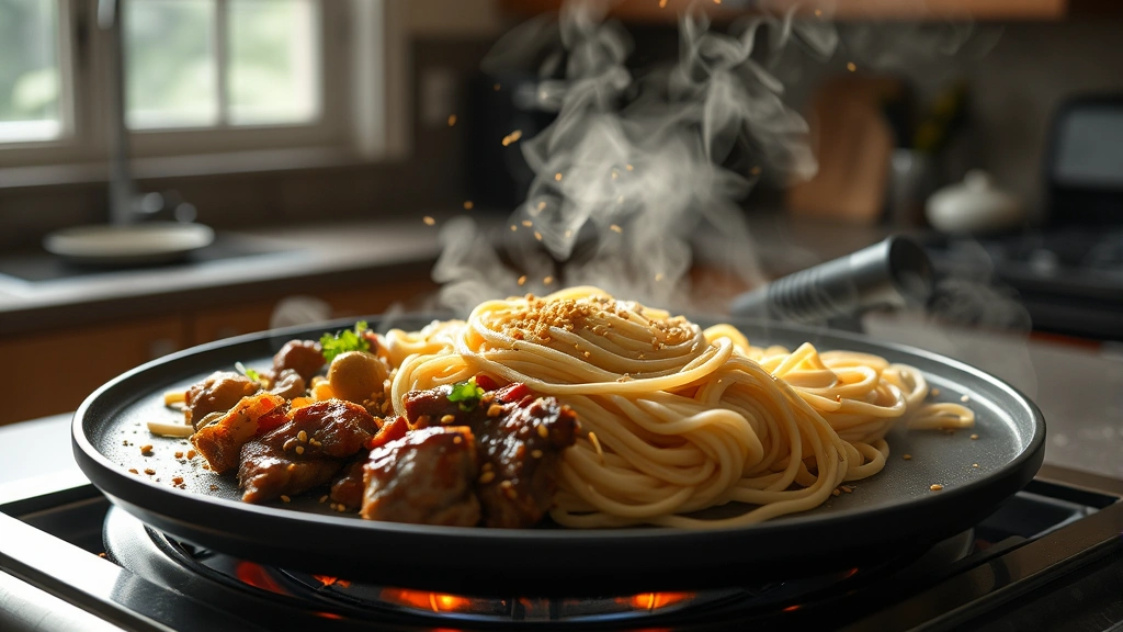 hero: steaming hibachi noodles on a hot griddle with beef and vegetables, dramatic sizzle and steam, sesame seeds scattered on top, photorealistic, natural daylight through kitchen window, no text