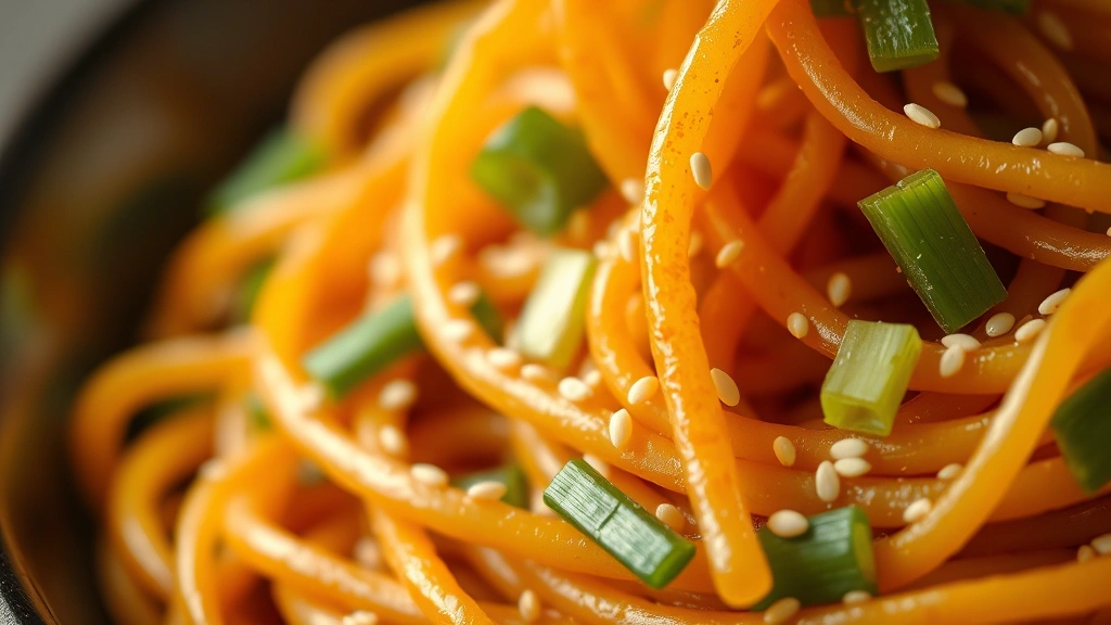 detail: close-up of golden-brown caramelized noodles with sesame seeds and fresh green onions, shallow depth of field, photorealistic, warm natural lighting, no text