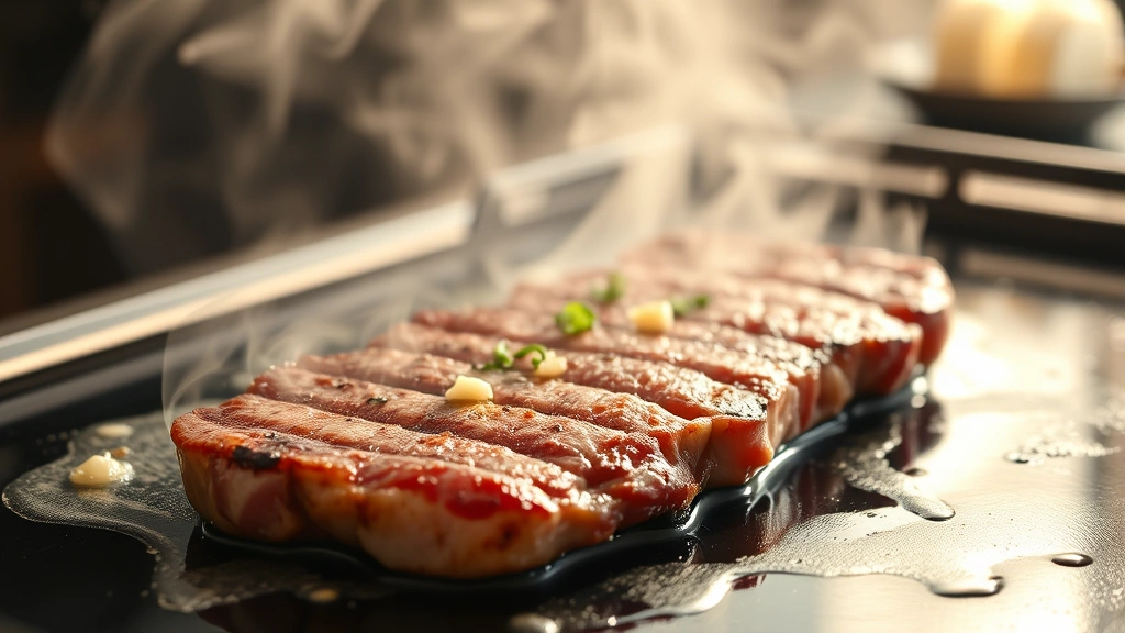 hero: sizzling hibachi steak on hot griddle with melted butter and garlic, steam rising, golden crust visible, photorealistic, natural light, no text