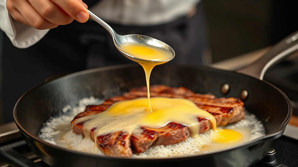 process: chef's hand basting hibachi steak with foaming garlic butter using spoon over hot cast iron skillet, photorealistic, natural light, no text