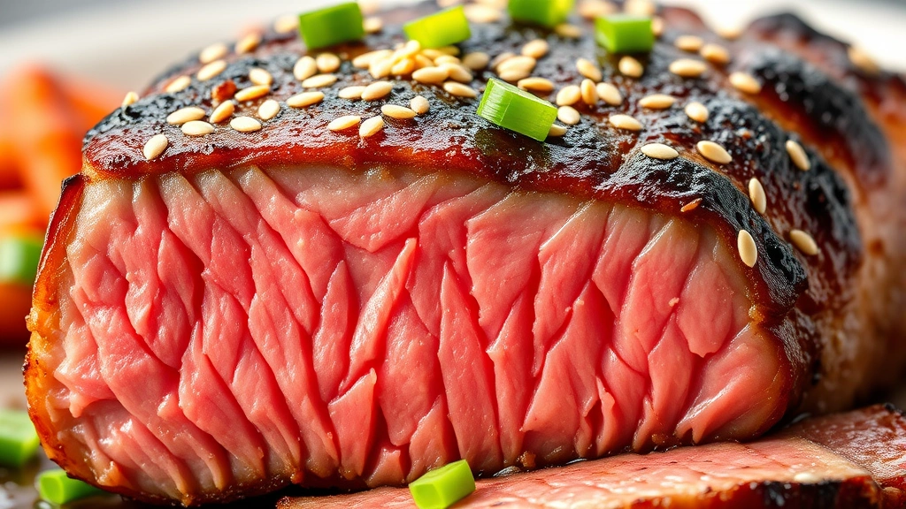 detail: close-up of perfectly cooked hibachi steak cross-section showing pink medium-rare center and caramelized brown crust, garnished with sesame seeds and green onions, photorealistic, natural light, no text