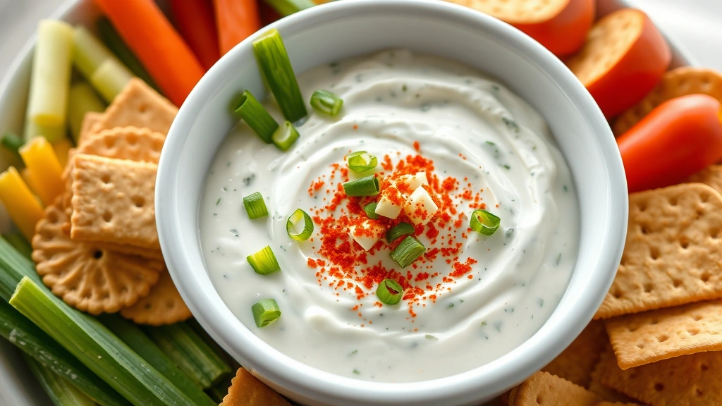 hero: creamy Hidden Valley ranch dip in white ceramic bowl garnished with fresh green onions and paprika, surrounded by fresh vegetables and crackers, photorealistic, natural window light, no text, top-down angle