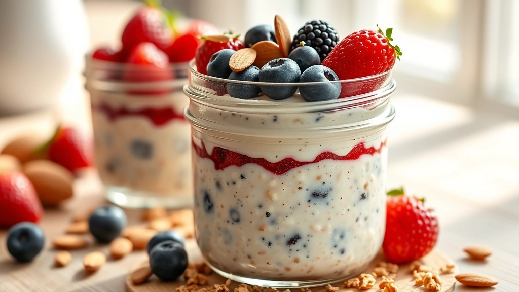 hero: Mason jar of creamy overnight oats topped with fresh berries, granola, and almonds, photorealistic, natural morning light streaming in, no text