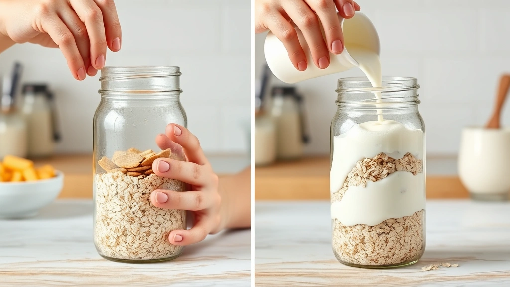 process: Hands shaking mason jar with overnight oats ingredients, pouring milk into jar with oats and Greek yogurt, photorealistic, bright kitchen lighting, no text