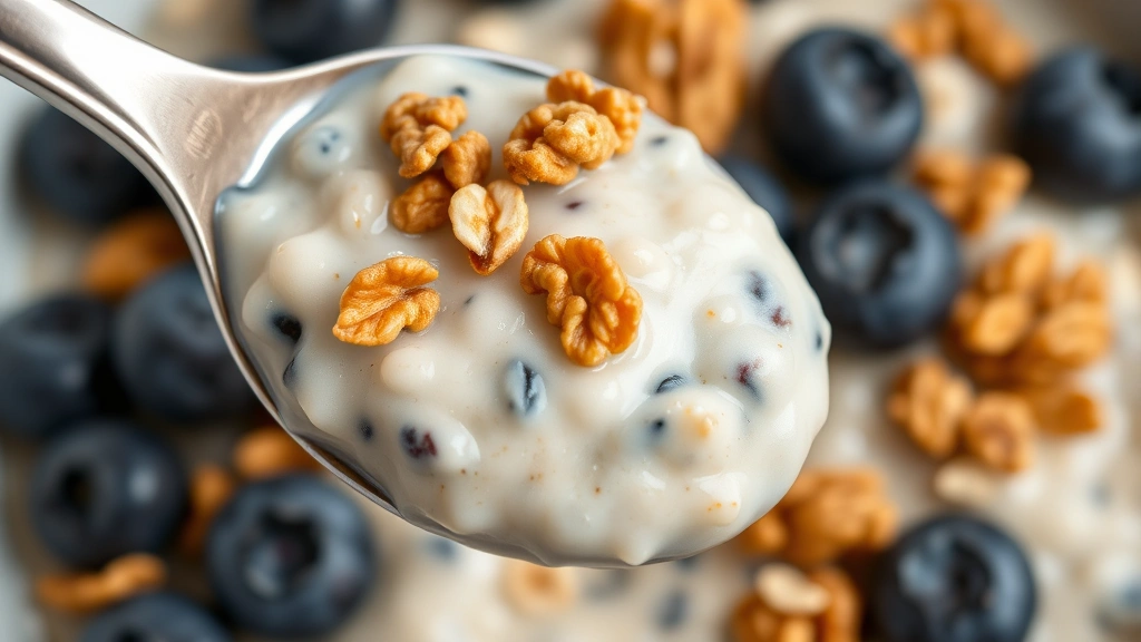 detail: Close-up spoonful of creamy overnight oats with visible oat texture, granola clusters, and fresh blueberries, photorealistic, shallow depth of field, no text
