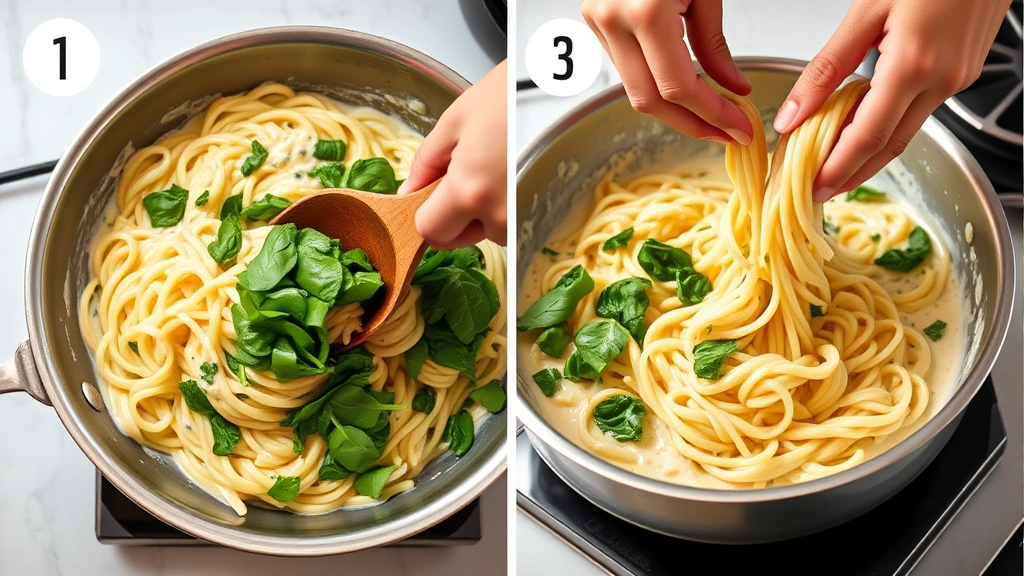 process: hands tossing cooked pasta with creamy sauce in stainless steel skillet, fresh spinach being added, photorealistic, warm kitchen lighting, no text