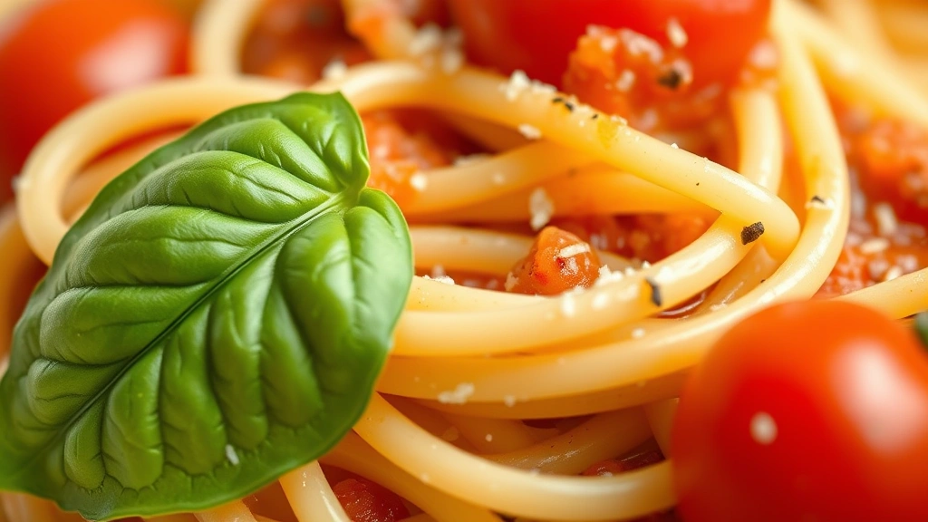 detail: close-up of creamy pasta strand coated in sauce with cherry tomato and basil leaf, photorealistic, macro focus, natural light, no text