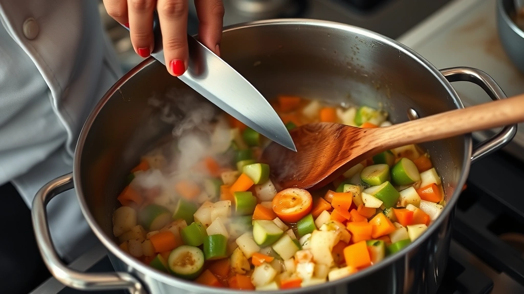 process: chef dicing vegetables and sautéing in a pot, visible mirepoix mixture, steam rising, wooden spoon stirring, photorealistic, natural kitchen light, no text