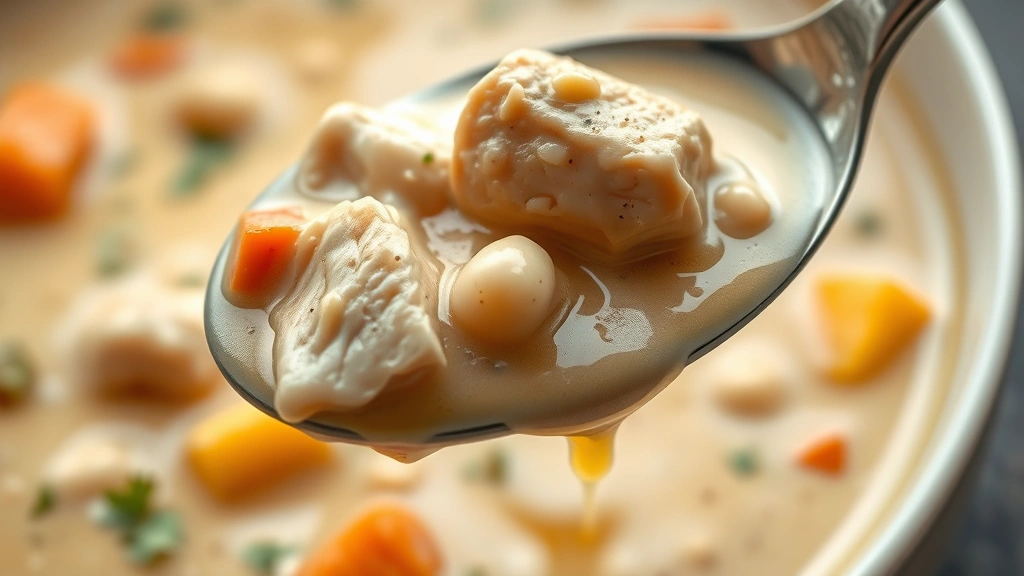 detail: close-up of spoon lifting creamy soup showing tender chicken pieces, white beans, carrots, and broth dripping, photorealistic, shallow depth of field, natural light, no text