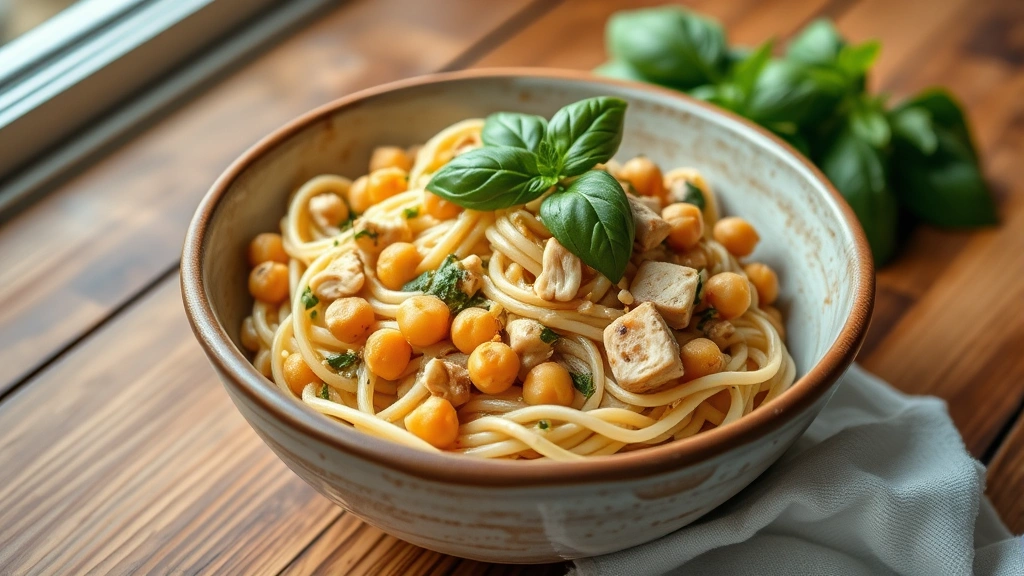 hero: creamy vegetarian pasta with chickpeas and tofu in rustic bowl, garnished with fresh basil and pine nuts, natural window light, wooden table background, no text or watermarks