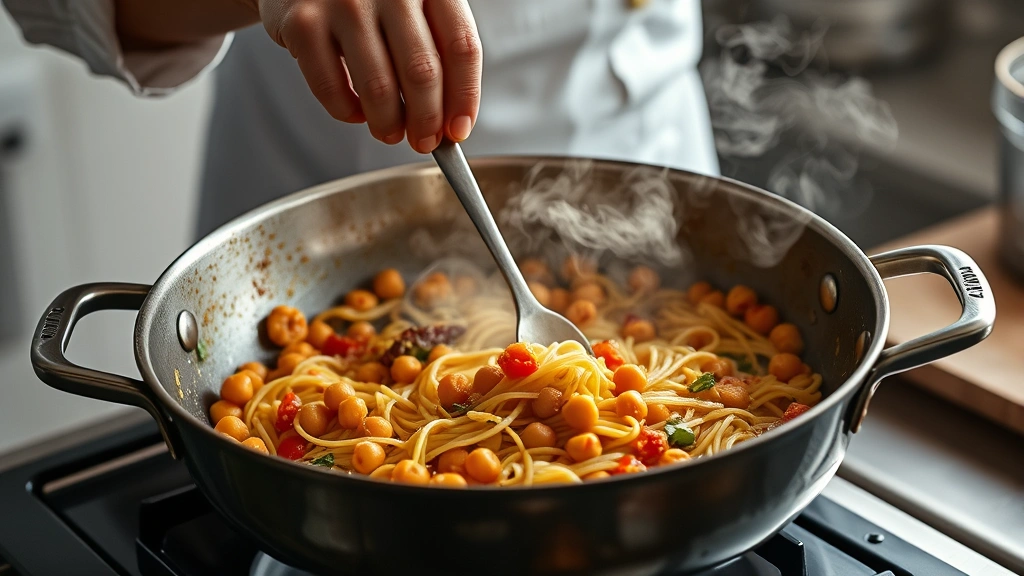 process: chef stirring pasta with vegetables and chickpeas in large skillet, steam rising, golden garlic and tomatoes visible, natural kitchen light, no text or watermarks