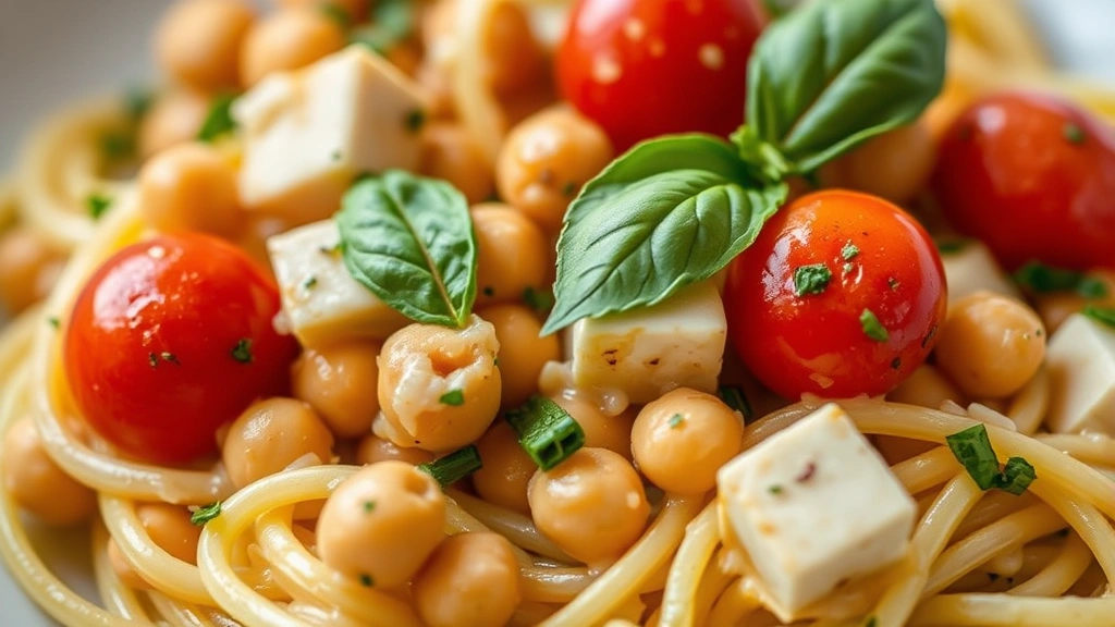 detail: close-up of pasta with chickpeas, cherry tomatoes, tofu cubes, and fresh basil, shallow depth of field, creamy sauce coating, natural light, no text or watermarks