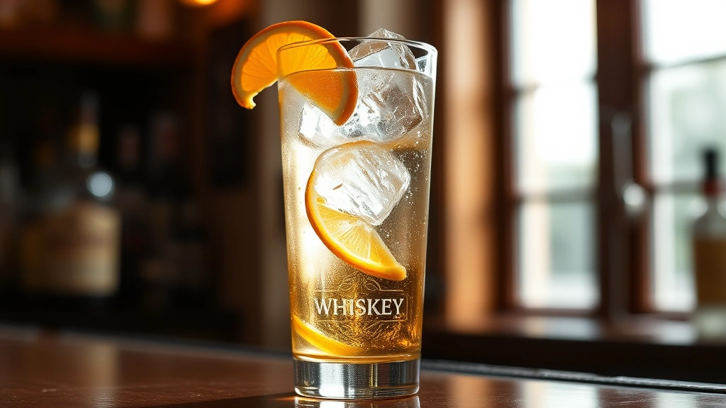 hero: perfectly chilled highball cocktail in a tall glass with large ice cube, citrus twist garnish, golden whiskey visible, natural window light, professional bar setting, no text, condensation on glass