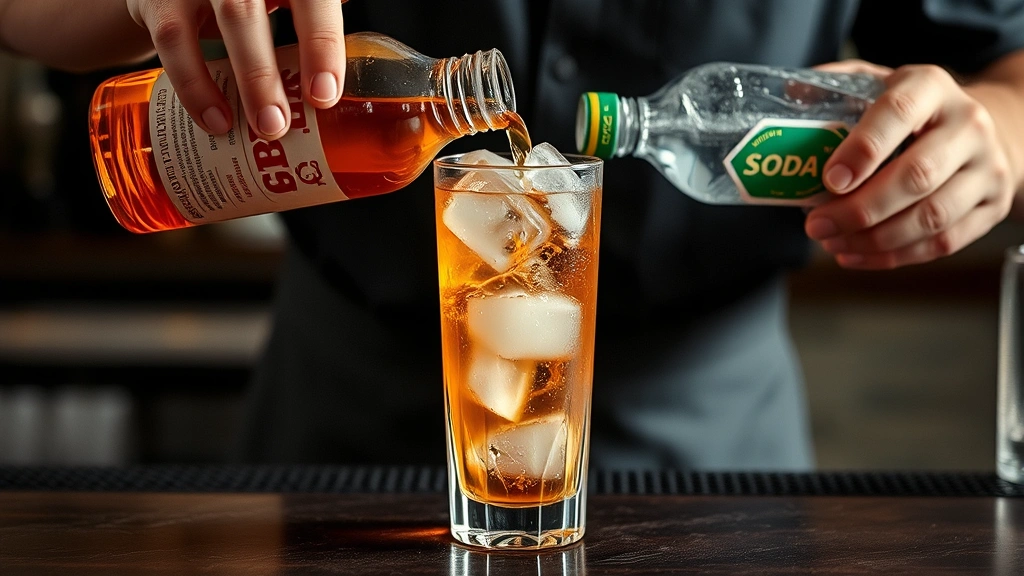 process: pouring amber spirit over ice in highball glass, soda water bottle visible, bartender hands, action shot, natural kitchen light, no text