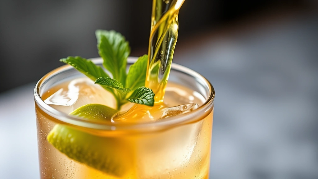 detail: close-up of citrus twist being expressed over highball drink, fresh mint sprig, ice cube detail, golden liquid, macro photography, natural light, no text