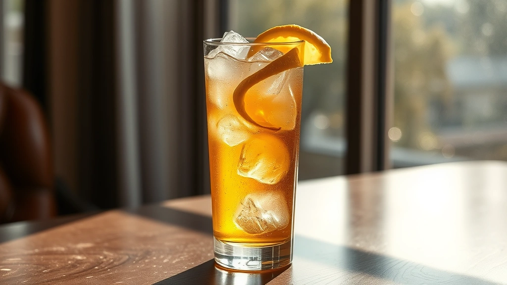 hero: perfectly chilled highball cocktail in tall glass with ice and lemon twist garnish, golden whiskey visible, natural afternoon light streaming through window, condensation on glass, elegant and inviting