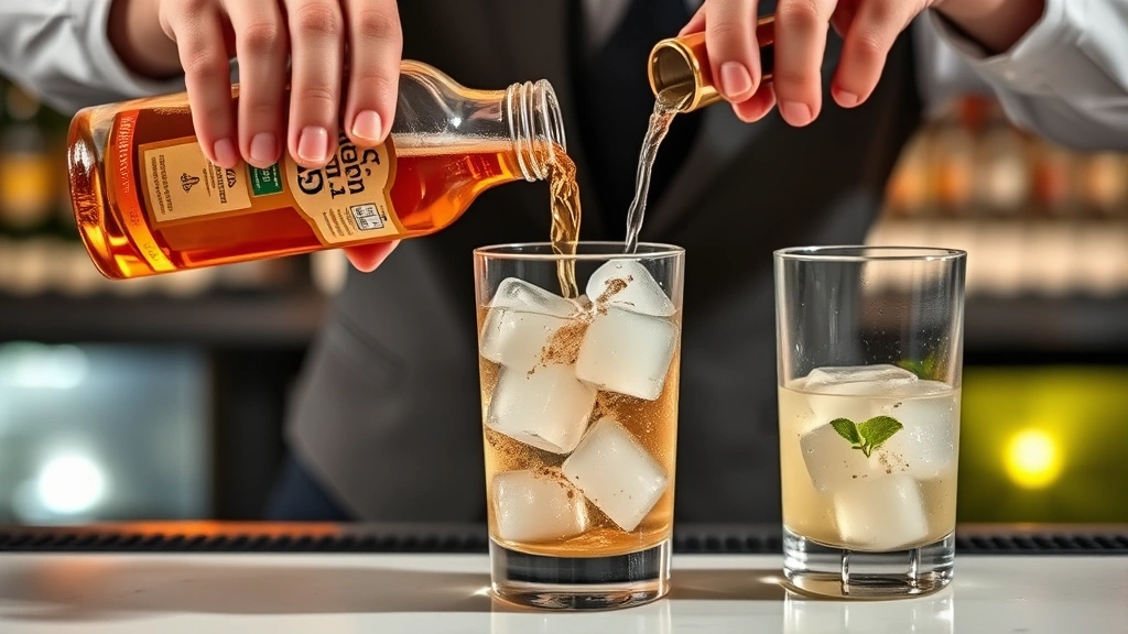 process: bartender pouring whiskey over ice in highball glass, ginger ale being poured from bottle, ice cubes catching light, action shot showing proper technique, professional bar setting