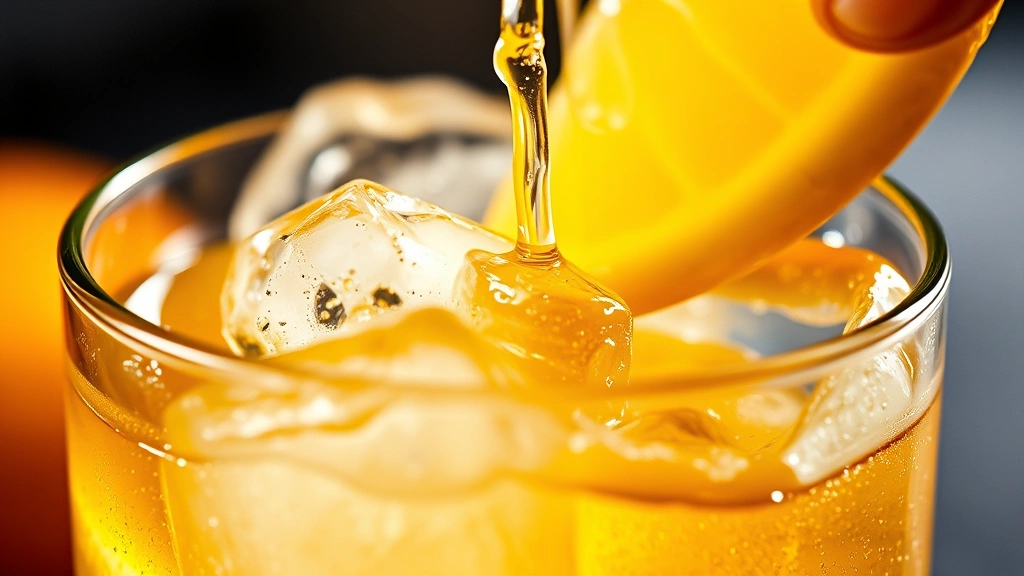 detail: close-up of lemon twist being expressed over highball cocktail, ice cubes in sharp focus, droplets visible, golden liquid and fresh citrus oils, macro photography style