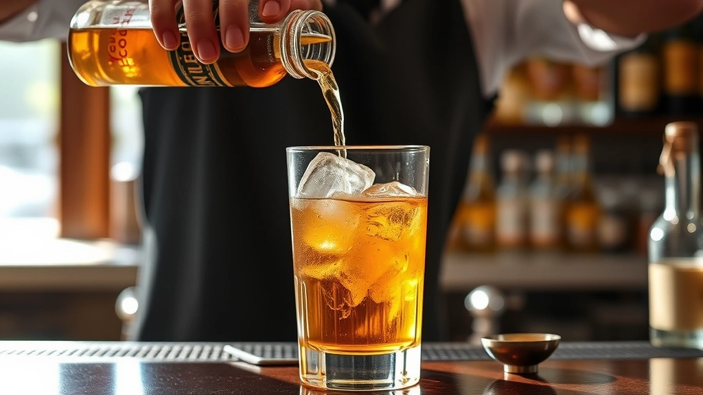 process: bartender pouring ginger beer over ice into highball glass with whiskey already present, action shot mid-pour, natural daylight streaming through window, focused on pouring technique and ice detail, bar spoon visible in frame