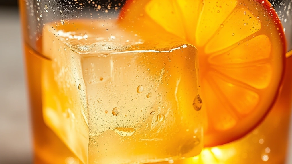 detail: close-up macro shot of ice cube in highball glass, condensation droplets visible, citrus wheel garnish detail, amber liquid color, shallow depth of field showing texture of ice and glass, warm natural lighting