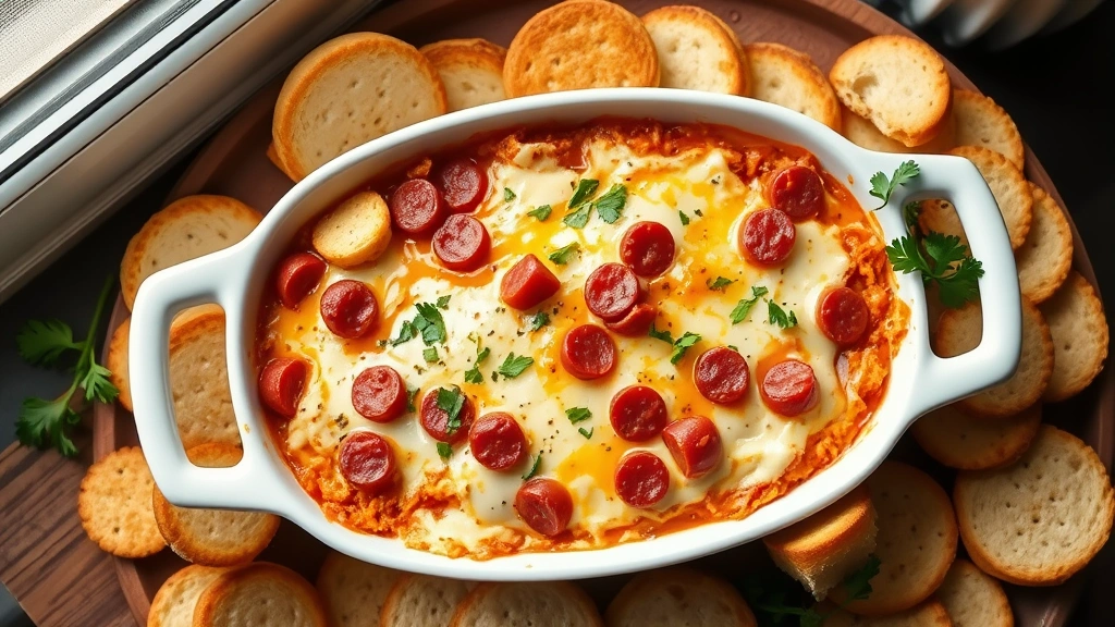 hero: warm hoagie dip in white ceramic baking dish with melted cheese and pepperoni visible, crusty bread slices and crackers arranged around it, fresh parsley garnish, photorealistic, natural window light, no text, top-down angle