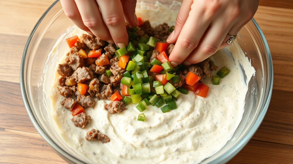 process: hands folding diced meats and peppers into creamy mixture in large glass bowl, cream cheese base visible, photorealistic, natural light, no text, close side angle