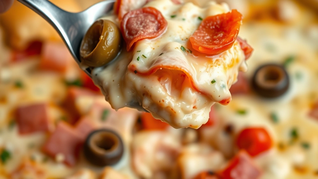 detail: close-up spoon lifting hoagie dip showing layers of cheese, ham, pepperoni, olives and red peppers, creamy texture highlighted, photorealistic, natural light, no text, macro perspective