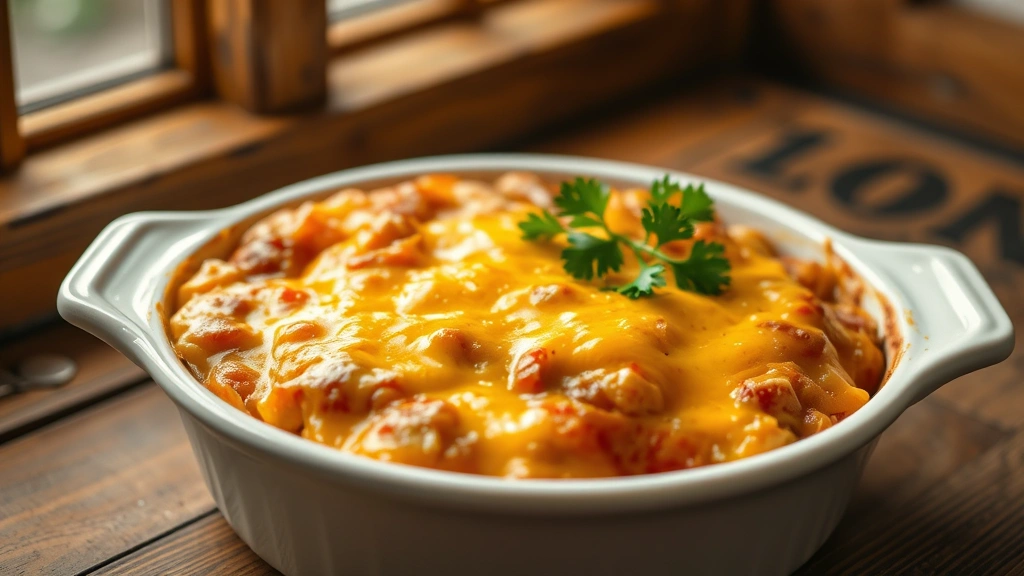 hero: golden-brown hobo casserole with melted cheddar cheese bubbling on top, fresh parsley garnish, served in white ceramic baking dish, warm natural window light, rustic wooden table background, no text
