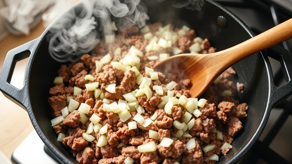 process: ground beef and diced onions browning in cast iron skillet, steam rising, wooden spoon stirring, bright kitchen lighting, professional food photography style, no text