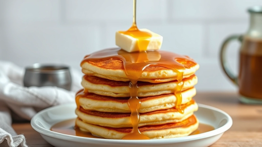 hero: stack of golden crispy hoe cakes topped with melting butter and maple syrup drizzle, photorealistic, natural morning light, no text