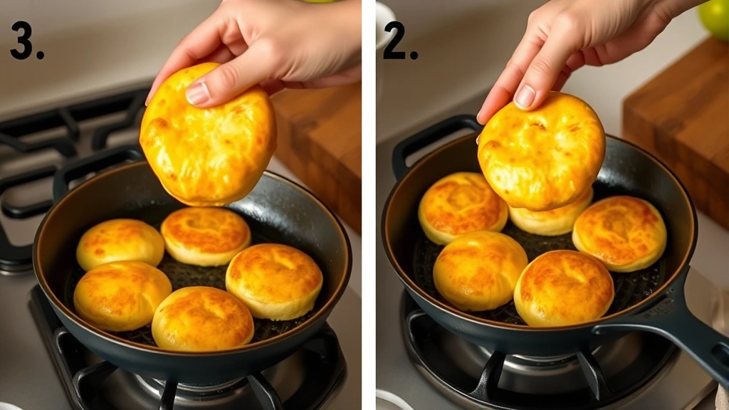 process: hand flipping golden hoe cakes in cast iron skillet over stovetop, photorealistic, warm kitchen lighting, no text